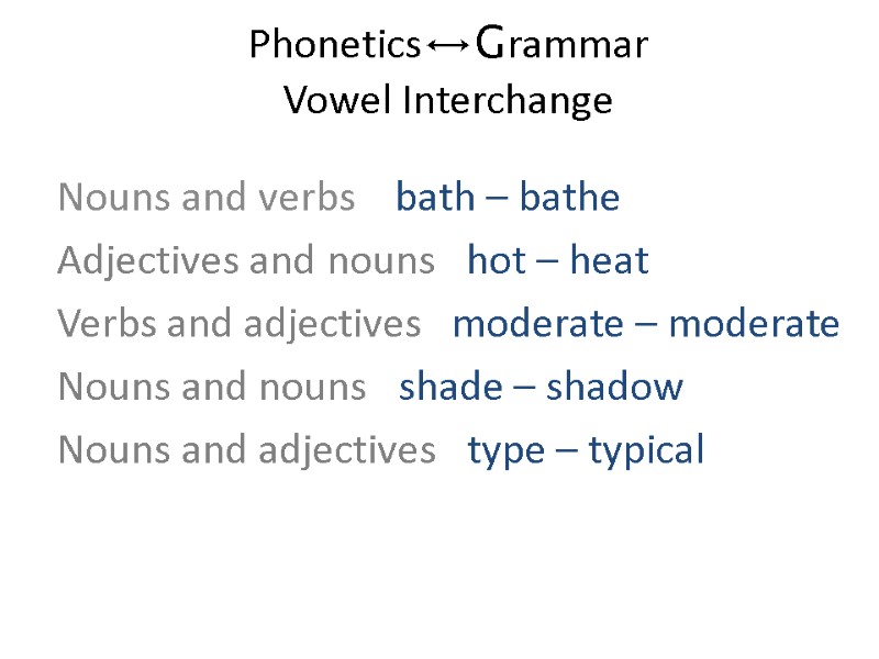 Phonetics↔Grammar  Vowel Interchange Nouns and verbs    bath – bathe Adjectives